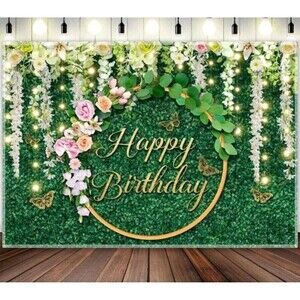 Greenery Happy Birthday Polyester Photography Backdrop,Flower Green Grass